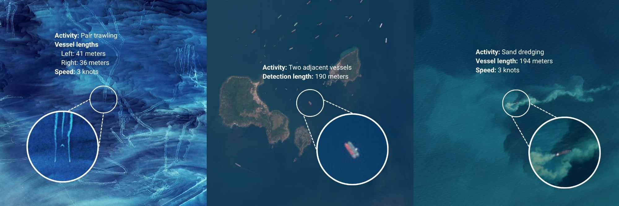 Three Sentinel-2 satellite image examples of vessel activity detected by Global Fishing Watch: pair trawling, two adjacent vessels, and sand dredging, each with zoomed-in insets and labels for vessel length and speed
