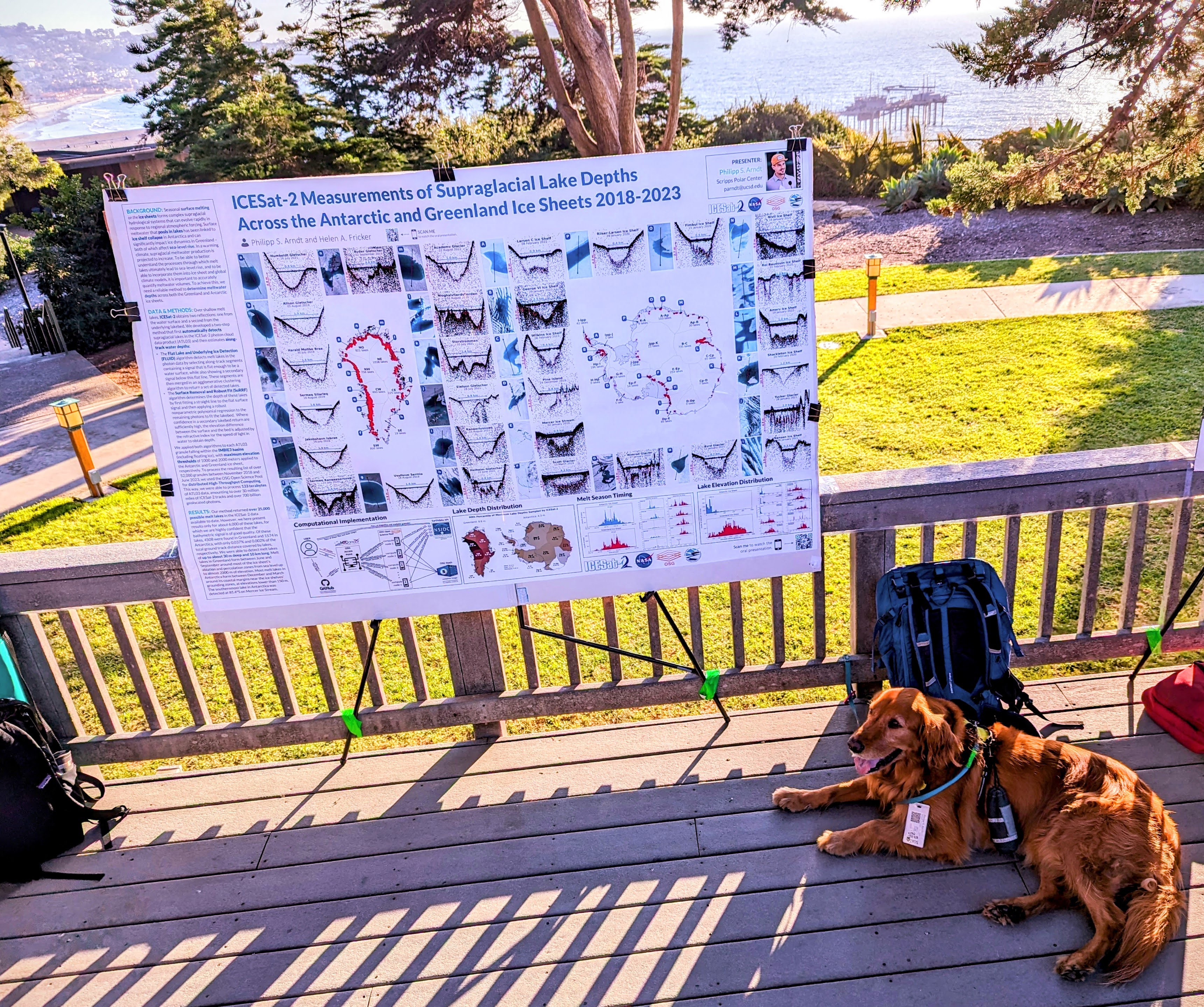 a photo of the poster session, overlooking the ocean at Scripps